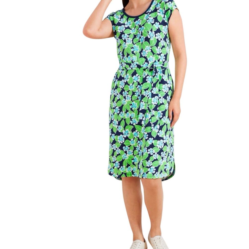 T by Talbots Blue Green Hawaiian Print Dress Tie Waist Navy Trimmed Caged Back